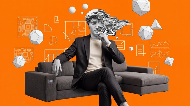 Surreal Creative Collage of Businessman with Classical Sculpture Head
