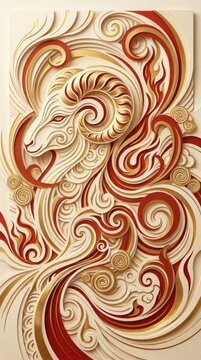 3D paper cut illustration of a ram head with swirling patterns. Elegant gold and red abstract ornament background. Lunar New Year 2027 fire sheep zodiac design