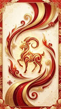 Golden fire sheep with swirling red ribbons on a patterned background. Vertical Lunar New Year e-commerce banner template. Traditional Chinese festive zodiac ram design