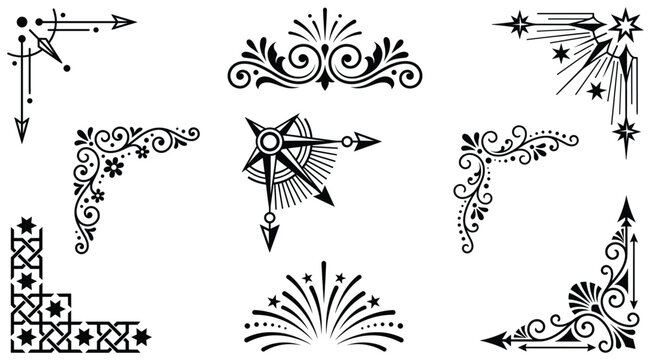 Black ornate victorian corner borders and flourishes set of vector decorative designs.