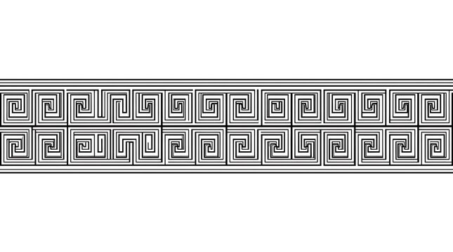 Seamless greek key pattern border design in black and white featuring classic geometric meander motif for decorative elements