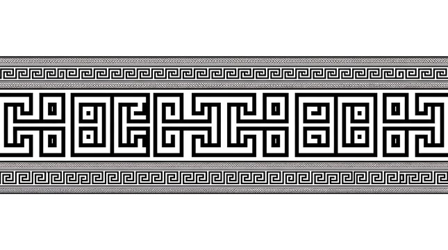 Seamless black and white decorative border with traditional greek key meander pattern for classic architectural design elements