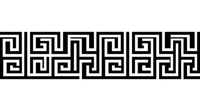 Seamless black and white greek key meander pattern border design with a distressed vintage texture effect