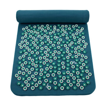Teal acupuncture mat with green spiky discs for back pain relief and muscle relaxation therapy isolated on a transparent background
