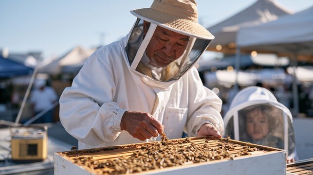 An elderly urban beekeeper in full protective gear moves with deliberate slowness through a rooftop hive at a vibrant outdoor market, a small radio murmuring in the background