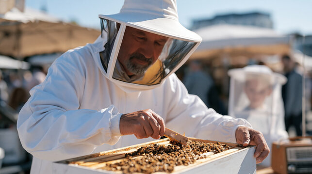 An elderly urban beekeeper in full protective gear moves with deliberate slowness through a rooftop hive at a vibrant outdoor market, a small radio murmuring in the background
