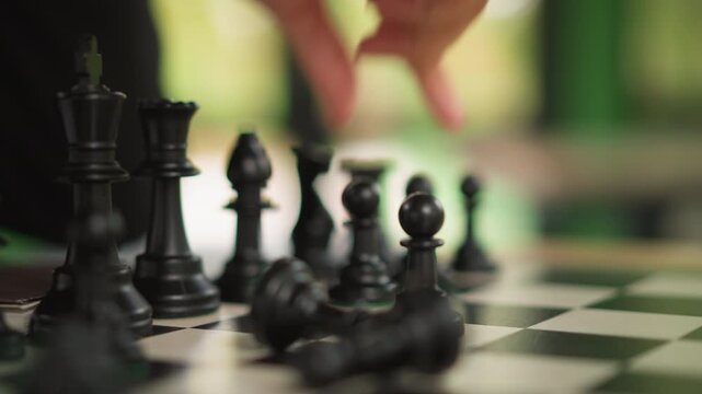 Close up of hand moving black chess pieces on checkered board during gameplay. focus remains tight throughout capturing interaction between fingers and pawns while other game elements blur