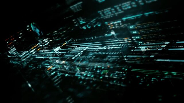 Futuristic data network visualization with glowing digital streams, big data analytics interface, cyber technology background and communication system in curved virtual display
