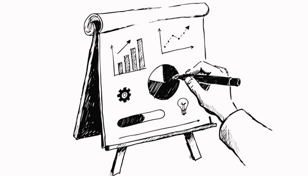 Hand-Drawn Business Presentation Flipchart with Bar Graph, Pie Chart, and Hand-Drawn Financial Data