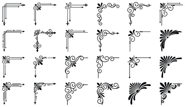 Filigree vector black corner borders set with elegant floral swirls and classic lines.