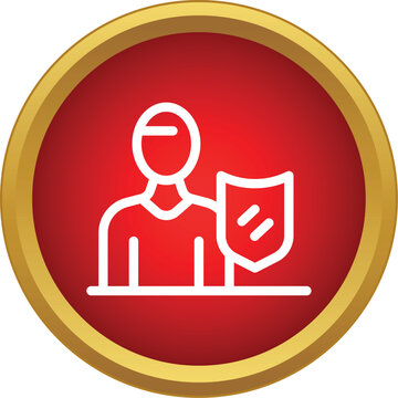 Person outline holding a shield icon in a red circle, symbolizing protection and insurance
