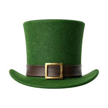 Traditional green felt leprechaun hat with a brown leather band and a metallic gold buckle accessory isolated on a transparent background