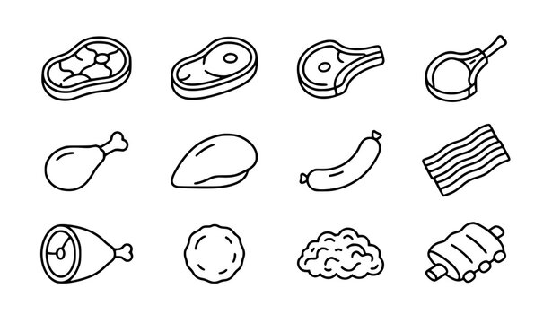 Simple meat type line art icons with steak chicken pork sausage and beef vector collection