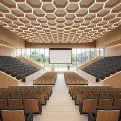 Fototapeta premium Modern Auditorium with Hexagonal Ceiling and Large Screen