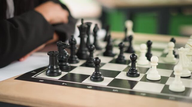 Close up of chessboard with black and white pieces arranged for play showing pawns knights rooks on checkered squares. person in dark clothing sits at table next to paper under their arm