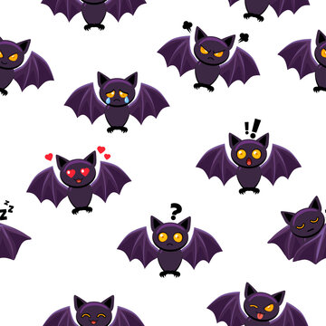 Seamless Halloween pattern with cute little bats with different emotions isolated on transparent background