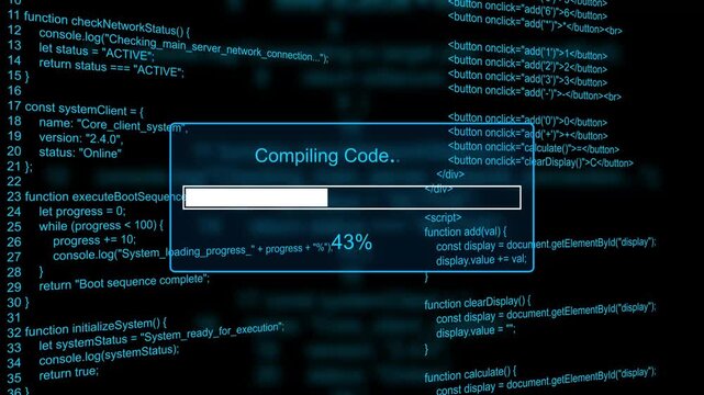 Compiling code progress bar at 0-100% on digital code background programming computer. Motion graphics of programming loading bar