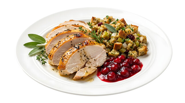 Sliced roasted turkey breast served with stuffing and cranberry sauce on a plate, isolated on transparent background