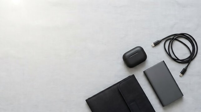 Cyber Monday tech accessories flat lay with power bank and wireless earbuds on white desk