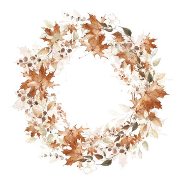 Watercolor hand painted autumn foliage wreath frame. Red, beige, brown autumn wild greenery, eucalyptus branches, maple leaves and twigs. Dry plants template design.