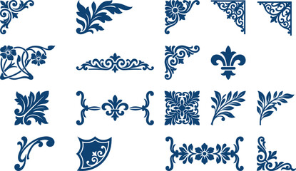 Classic baroque corner ornaments and classic fleur de lis design elements in deep blue. © RIDOY