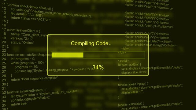 Compiling code progress bar at 0-100% on digital code background programming computer. Motion graphics of programming loading bar