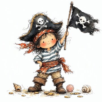 Doodle Pirate Kid Waving a Flag on a Wooden Stick