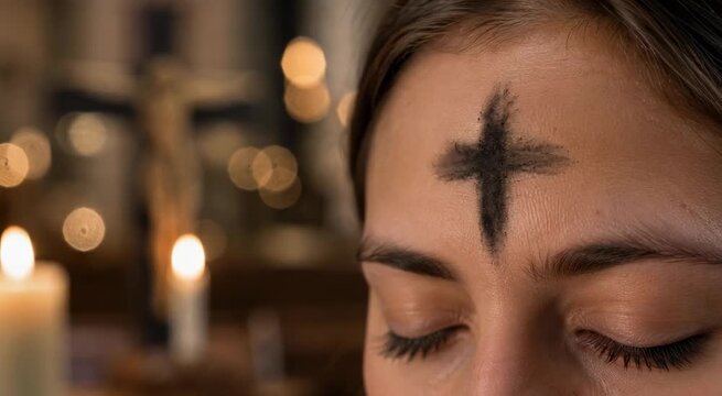 Person with ash cross on forehead during Ash Wednesday service, eyes closed, candles and crucifix blurred in warm church interior