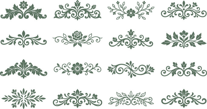 Decorative floral dividers and vintage foliage scroll borders pack in sage green color.