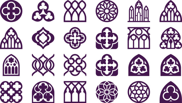 Gothic architectural window frame elements dark purple vector set for historic buildings.
