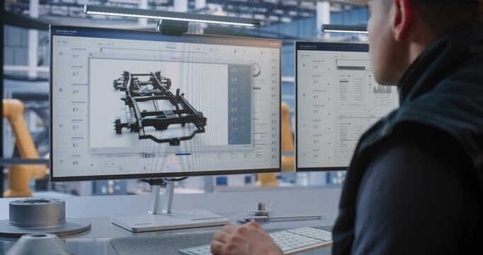 Operator Manages Automated Production Workflows and 3D Component Blueprints on Dual Screens in Smart Plant. Advanced Robotics and Engineering Optimize Digital Heavy Industry Processes. Industry 4.0.