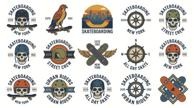A compilation of vintage-inspired skateboarding logos featuring playful designs with various themes, showcasing the energetic spirit of the skate culture from New York.