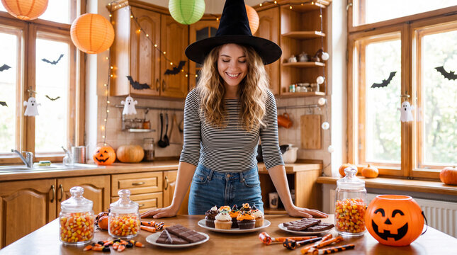Woman in witch hat smiles while decorating Halloween treats on a wooden kitchen table surrounded by festive decorations and pumpkins