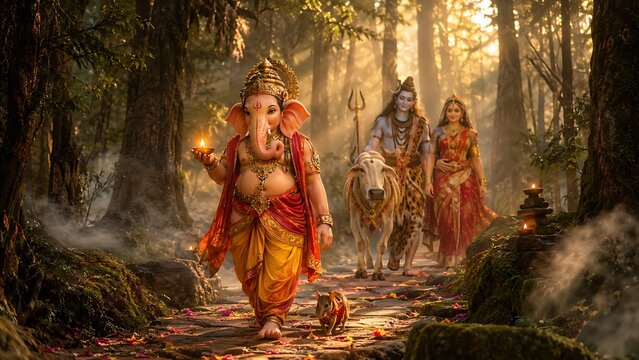 Lord Ganesha Ganesh Ganpati Bappa with Shiv Parvati Celebrating Ganesh Chaturthi, Gauri Ganpati, Maha Shivratri and Parvati Festival