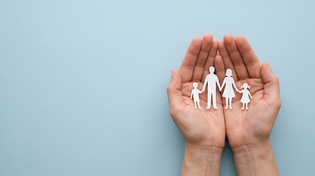 Hands holding a paper cut out family silhouette against a plain light blue background