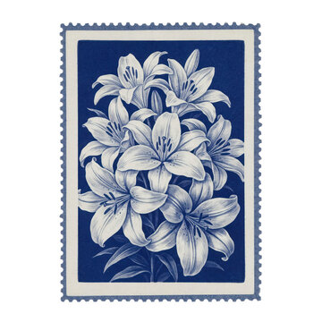 Vintage postage stamp featuring a detailed of white lily flowers on a deep blue background, isolated on a, transparent background