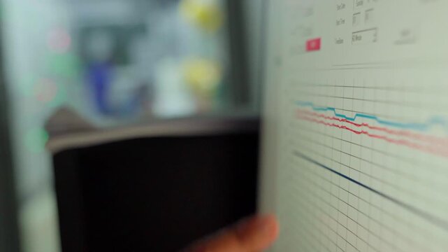 Footage engineer using computer check analysis continuous emissions monitoring system for air pollution reduction. Sustainable environment technology data information Concept energy saving, control 