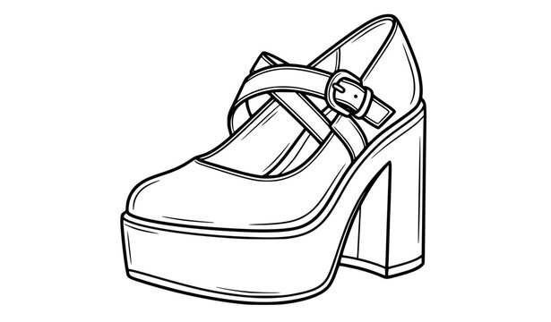 Chunky platform high heel shoe three quarter view black white vector illustration