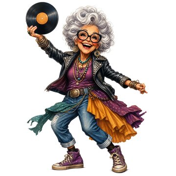Rock and Roll Grandma Holding a Vinyl Record Trophy