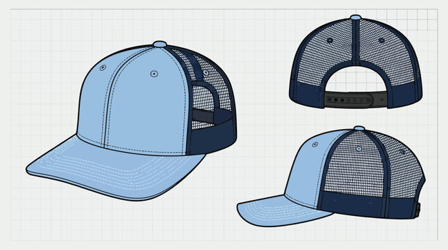 Light blue and navy mesh trucker hat with snapback closure