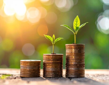 Financial growth concept, plant growing from stack of coins