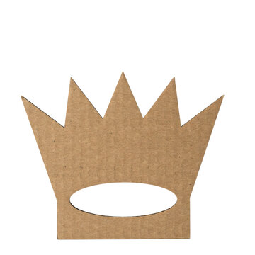 A flat crown shape cutout made of brown corrugated cardboard isolated on a transparent background paper