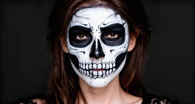 A woman with skull make up.
