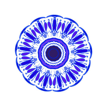 Blue mandala emblem featuring symmetrical floral motifs arranged in a circular vector design.