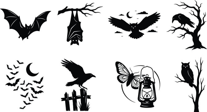 Halloween night animals and spooky silhouettes featuring bats owls crows and gothic elements