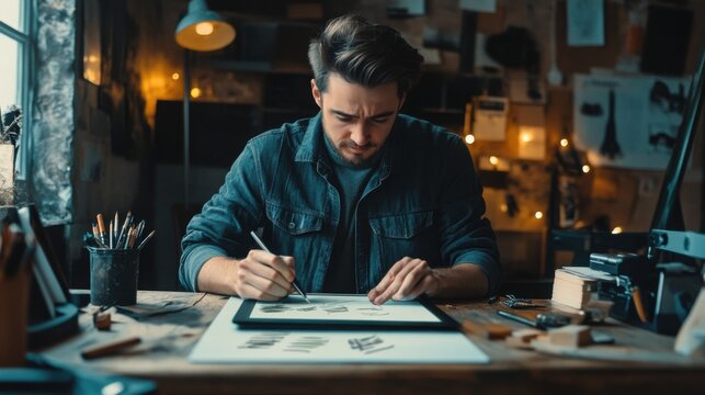 Creative Artist Sketching Design in Cozy Dark Workshop Studio