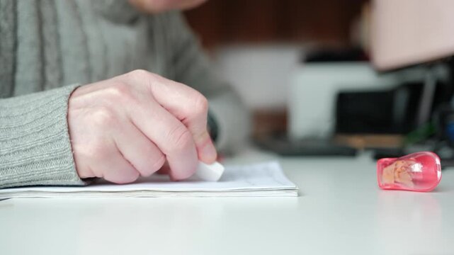 Person erasing a mistake while writing with pencil on paper notebook
