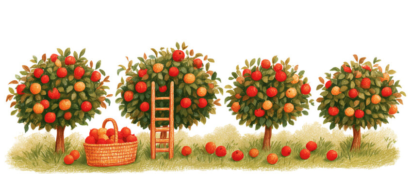Apple orchard scene with trees full of red and orange apples, a ladder, and a basket of picked fruit, illustrating abundance, harvest season, and fresh produce