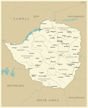 Zimbabwe - detailed map with administrative divisions and capitals of countries. Vector illustration