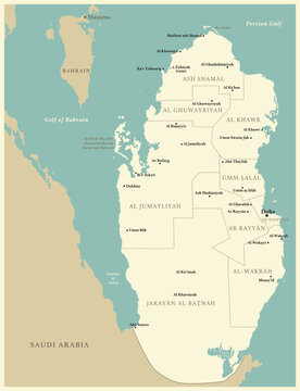 Qatar - detailed map with administrative divisions and capitals of countries. Vector illustration